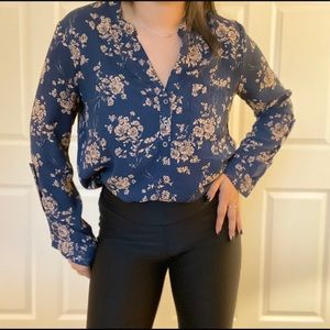 Deep Blue Tan Neutral Floral Blouse Long Sleeve